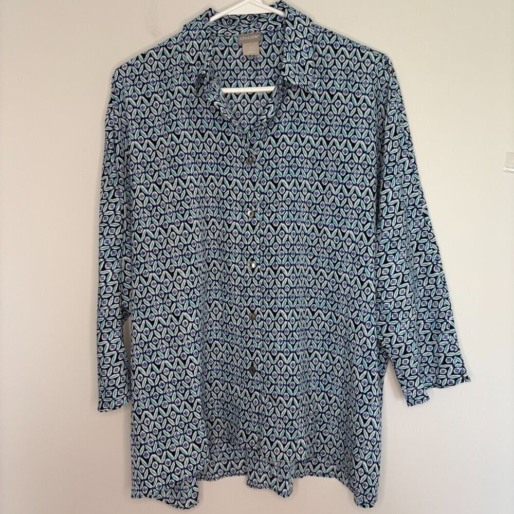 CHICO'S Button Up Blouse 0 XS Teal Blue Black Raglan Sleeve Collared Stretch